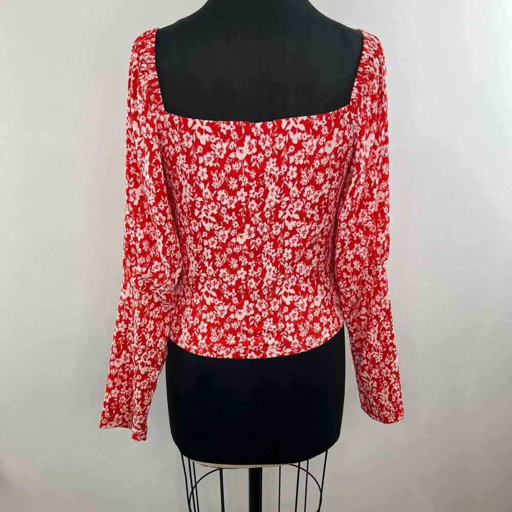 Anthropologie Red White Print Long Sleeve Puff Shoulder Sweetheart Neckline Sz M